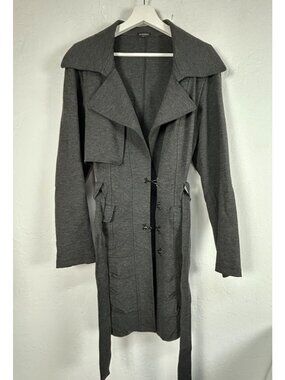 Komarov Womens Belted Jacket Coat Hook Clasp Notch Collar Gray Stretch Casual